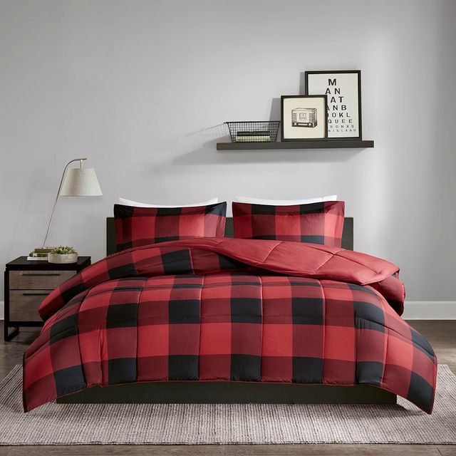 Olliix by Madison Park Essentials Barrett Red/Black Full/Queen 3M Scotchgard Down Alt Comforter Mini Set-0