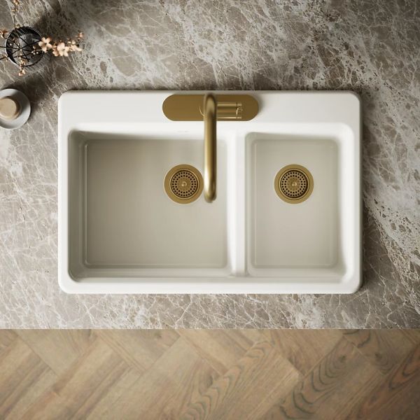 KOHLER® Riverby® Biscuit 33" 3-Faucet Hole Top-Mount Double-Bowl Workstation Kitchen Sink-2