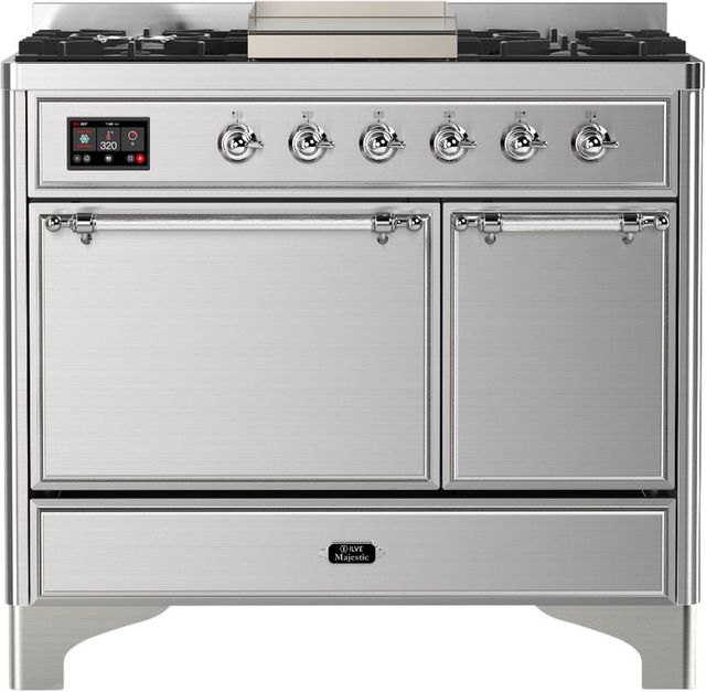 Ilve® Majestic III 40" Stainless Steel Pro Style Dual Fuel Liquid Propane Range with Solid Door and Chrome Trim-0