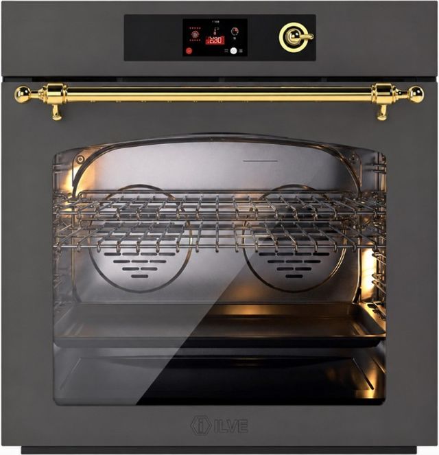 Ilve Nostalgie II 30” Graphite Matte Pyrolytic Single Electric Wall Oven with Brass Trim-0