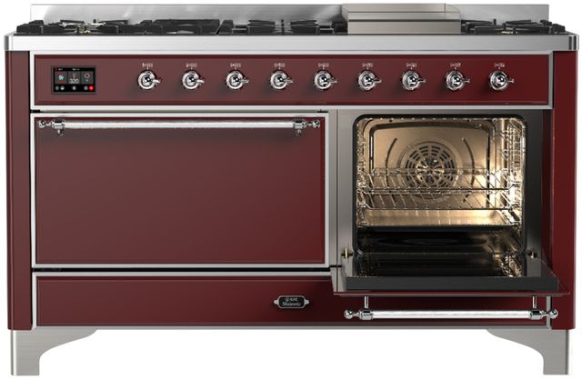 Ilve® Majestic III 60" Burgundy Pro Style Dual Fuel Natural Gas Range with Solid Door and Chrome Trim-3