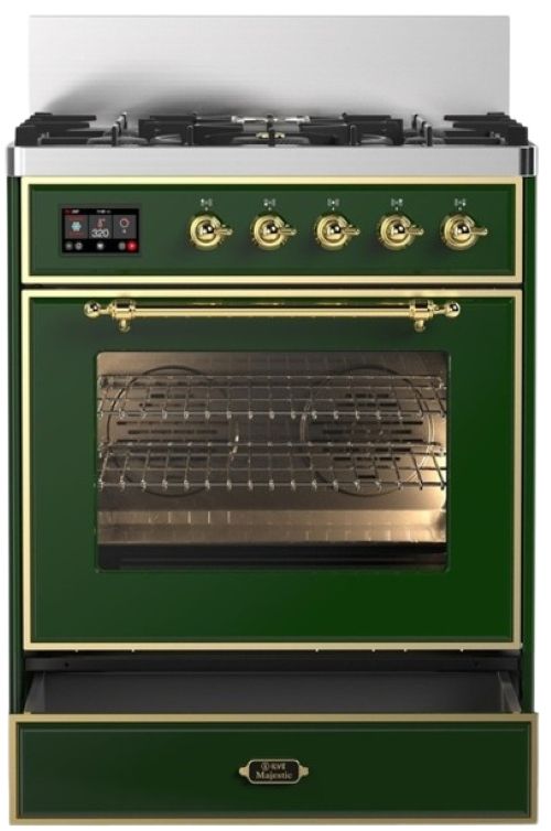 Ilve® Majestic III 30" Emerald Green Pro Style Dual Fuel Liquid Propane Range with 5 Black Brass Burners and Brass Trim-0