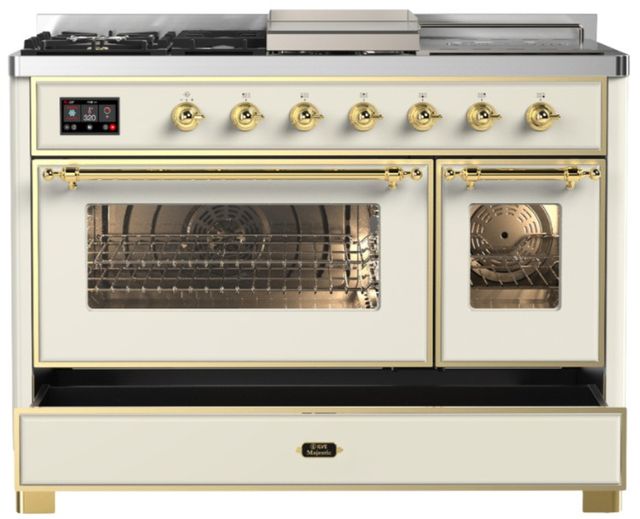 Ilve® Majestic III 48" Antiqued White Pro Style Dual Fuel Liquid Propane Range with Triple Glass Door and Brass Trim-2