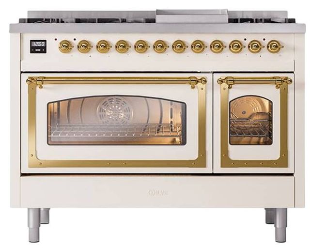Ilve® Nostalgie II Noblesse 48'' Antique White Pro Style Dual Fuel Range with Brass Trim-1