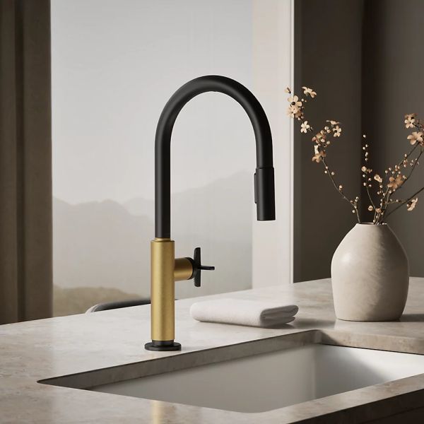 KOHLER® Billet® Brushed Moderne Brass/Matte Black Kitchen Sink Faucet with 2-Function Sprayhead and Cross Handle-1