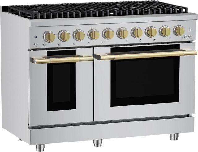 Hauslane HausPro 48" Stainless Steel Pro-Style Gas Range with Satin Brass Knobs-2