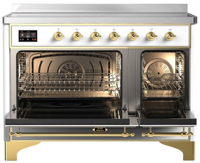 Ilve® Majestic III 48" White Pro Style Induction Range with Triple Glass Door and Brass Trim-1