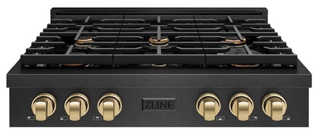 ZLINE Autograph Edition Paramount 36" Black Satin Stainless Steel Gas Rangetop with 6 Brass Burners and Porcelain Cooktop in Champagne Bronze Accents -0