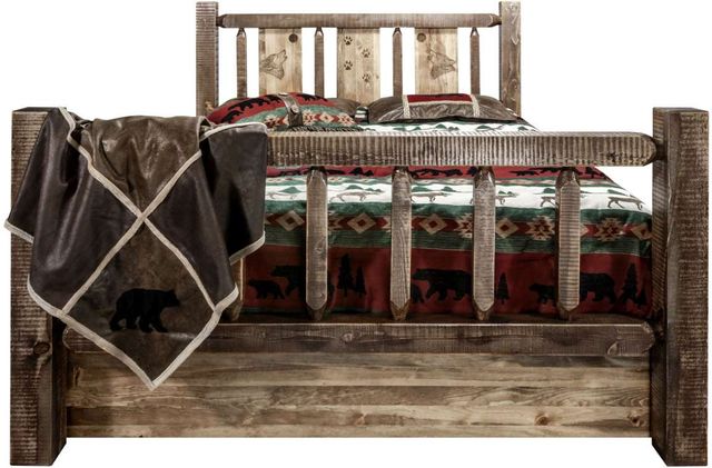 Montana Woodworks® Homestead Stain & Clear Lacquer Twin Storage Bed with Laser Engraved Wolf Design-1