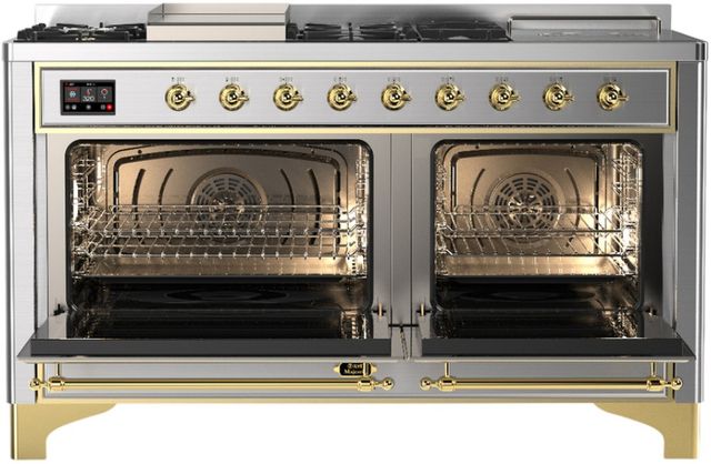 Ilve® Majestic III 60'' Stainless Steel Pro Style Dual Fuel Liquid Propane Range with Solid Door and Brass Trim-2