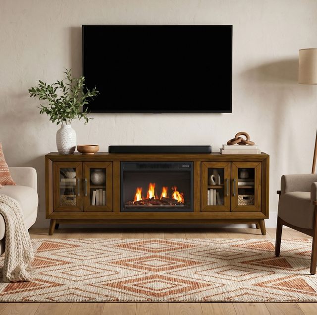 Elements International Santa Barbara Walnut 70" TV Console with 23" Fireplace Insert-1
