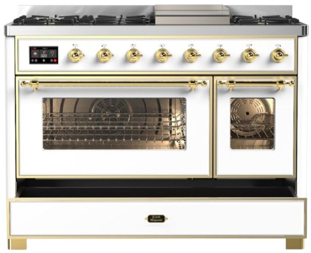 Ilve® Majestic III 48" White Pro Style Dual Fuel Liquid Propane Range with Griddle and Brass Trim-2