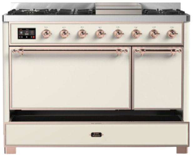 Ilve® Majestic III 48" Antique White Pro Style Dual Fuel Natural Gas Range with Solid Door and Copper Trim-2