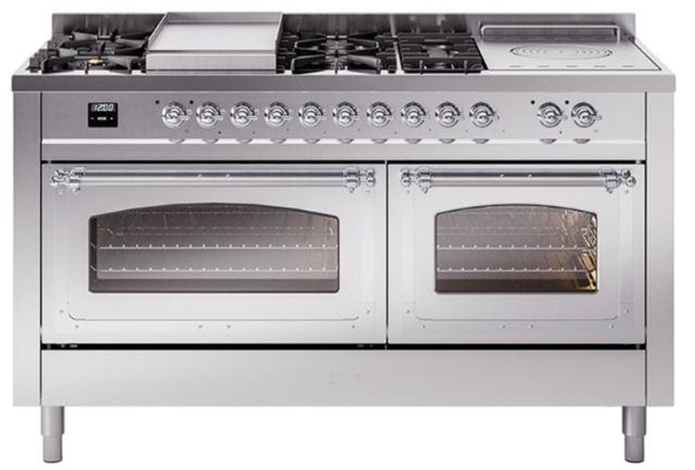 Ilve® Nostalgie II Noblesse 60'' Stainless Steel Pro Style Dual Fuel Range with Chrome Trim-0