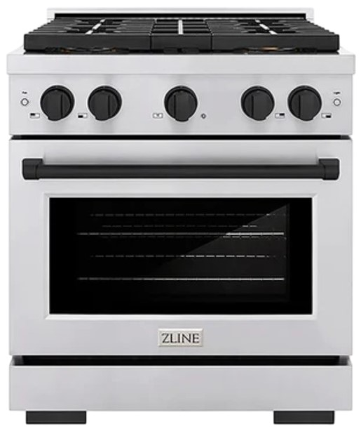 ZLINE Autograph Edition 30 in. 4.2 cu. ft. Paramount Gas Range with 4 Burner DuoPro™ Cooktop and Convection Gas Oven in Stainless Steel with Matte Black Accents (PSGRZ-30-MB)