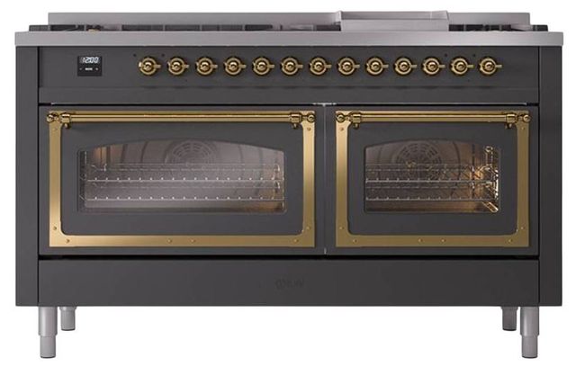 Ilve® Nostalgie II Noblesse 60'' Graphite Matte Pro Style Dual Fuel Range with Brass Trim-1