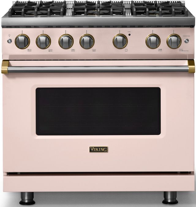 Viking® 5 Series 36" Blush Pro Style Gas (LP) Range with Brushed Brass Trim-0