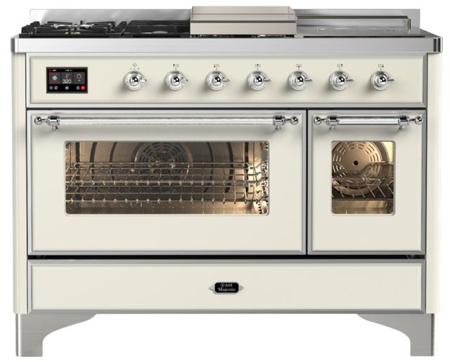 Ilve® Majestic III 48" Antiqued White Pro Style Dual Fuel Liquid Propane Range with Triple Glass Door and Chrome Trim-0