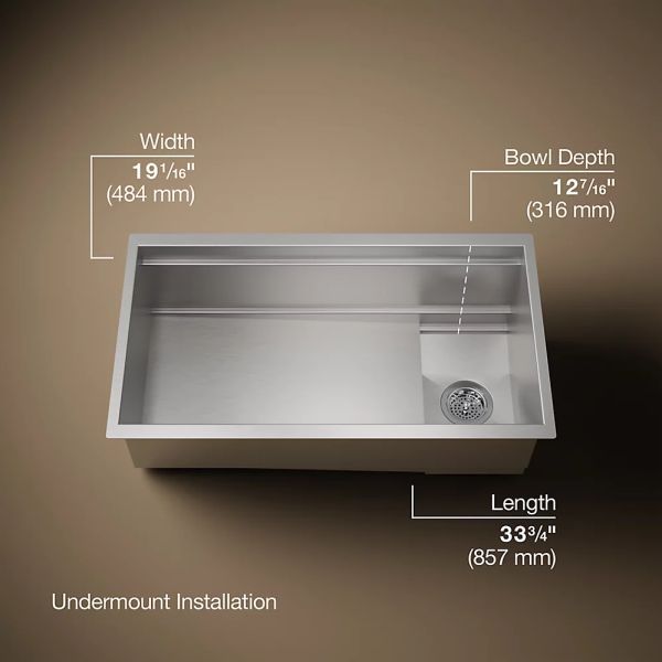 KOHLER® Synthos™ Dark Walnut/Stainless Steel 34" Undermount Single-Bowl Workstation Kitchen Sink-3