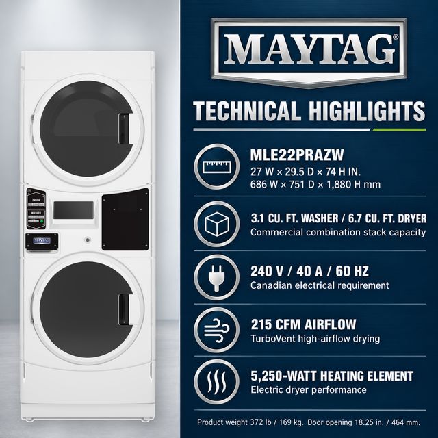 Maytag Commercial MLE22PRAZW 3.1 Cu. Ft. Washer / 6.7 Cu. Ft. Electric Dryer Combination Stack, Card-Reader-Ready, White-4