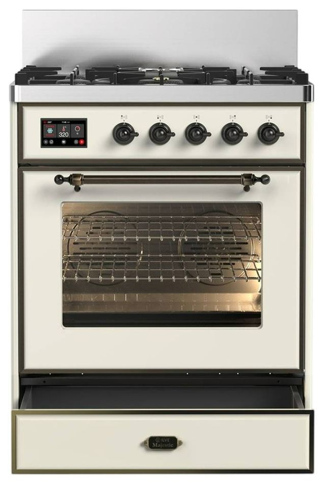 Ilve® Majestic III 30" Antique White Pro Style Dual Fuel Liquid Propane Range with Triple Glass Door and Burnished Trim-3