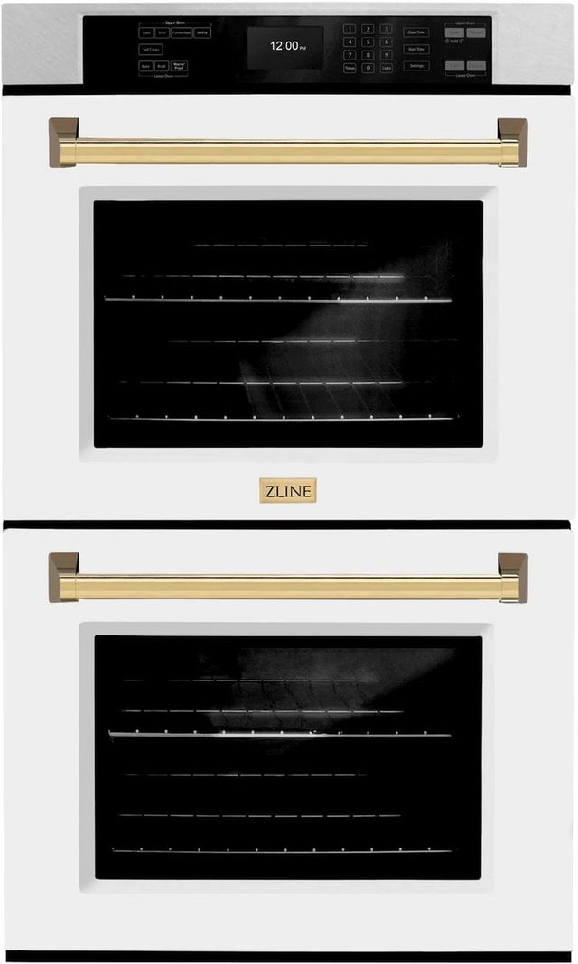 ZLINE Autograph Edition Professional 30" Satin Stainless Steel Double Electric Wall Oven with White Matte Doors and Polished Gold Accents-0