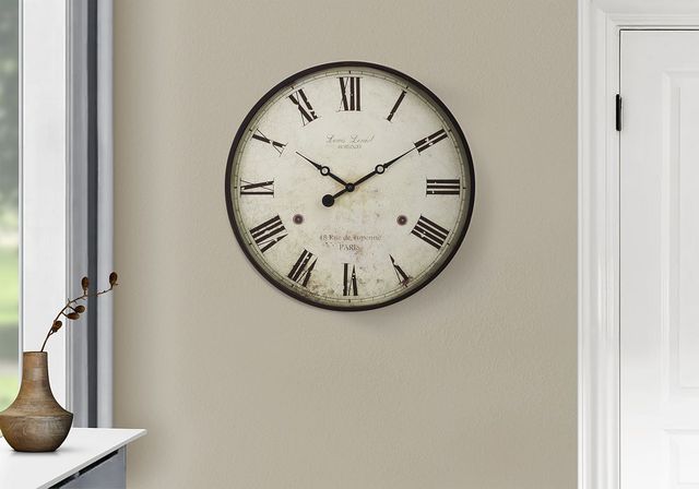 Monarch Specialties Inc. Antique Brown 20" Round Wall Clock with Roman Numerals on Distressed Beige-2