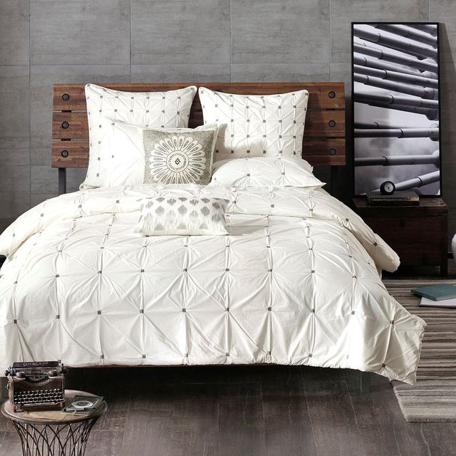 Olliix by INK+IVY 3 Piece White Full/Queen Masie Elastic Embroidered Cotton Comforter Set-2
