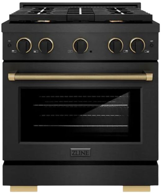 ZLINE Designer Collection Paramount 30" 4.2 cu. ft. Black Satin Stainless Steel  Dual Fuel Range with 4 Burner Gas Cooktop and Electric Convection Oven with Champagne Bronze/Matte Black Accents-0