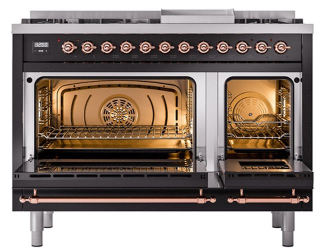 Ilve® Nostalgie II Noblesse 48'' Glossy Black Pro Style Dual Fuel Range with Copper Trim-1