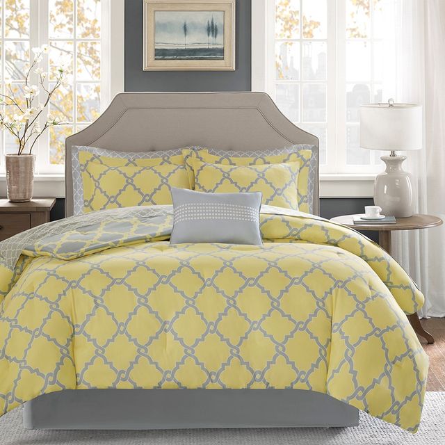 Olliix by Madison Park Essentials Merritt Yellow/Grey Full Reversible Complete Comforter and Cotton Sheet Set-3
