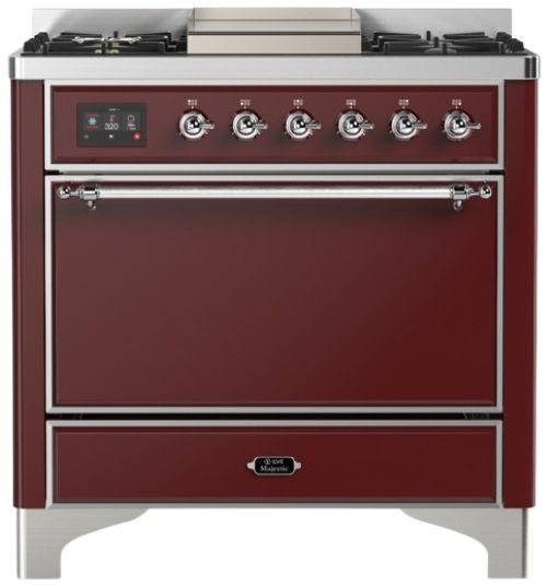Ilve® Majestic III 36" Burgundy Pro Style Dual Fuel Natural Gas Range with Solid Door and Chrome Trim-0