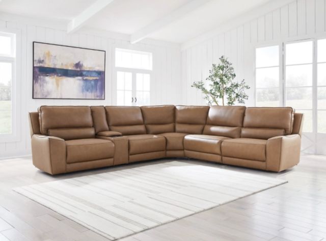 Signature Design by Ashley® Silverbrooke 6-Piece Caramel Power Reclining Curved Sectional with Storage Console-1