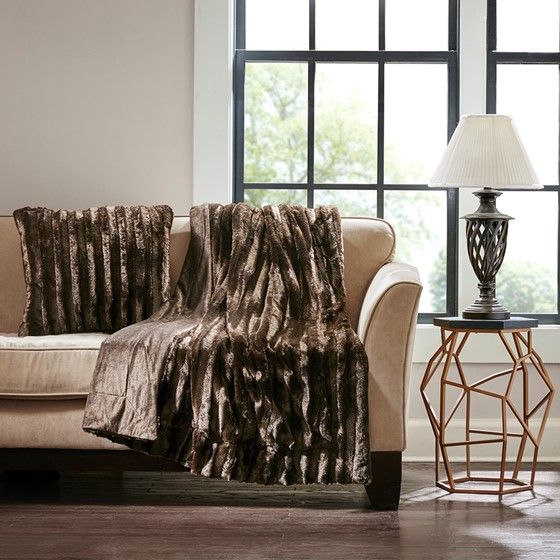 Olliix by Madison Park Duke Brown 20x20" Polyester Brushed Solid Stripe Plaited Long Fur Square Pillow-1