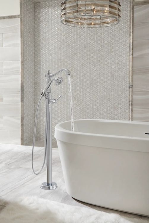 Delta Cassidy® Chrome Single Handle Floor Mount Tub Filler Trim with Hand Shower -2