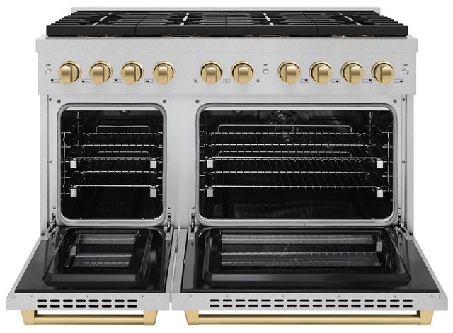 ZLINE Autograph Edition Paramount 48" 6.7 Cu. Ft. Satin Stainless Steel Dual Fuel Range with 8 Burner DuoPro™ Cooktop and Dual Ovens in Champagne Bronze Accents-3