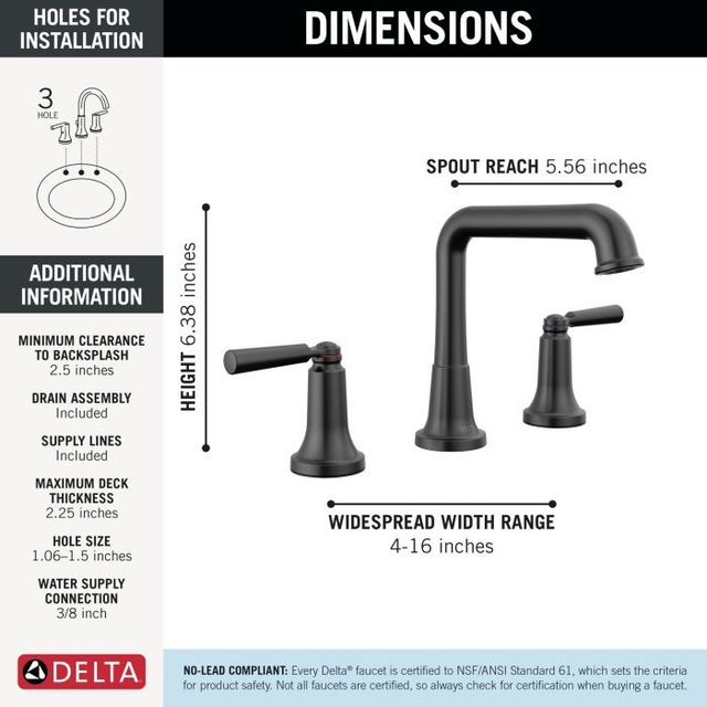 Delta Saylor® Matte Black 6" 2-Handle Widespread Bathroom Faucet-3