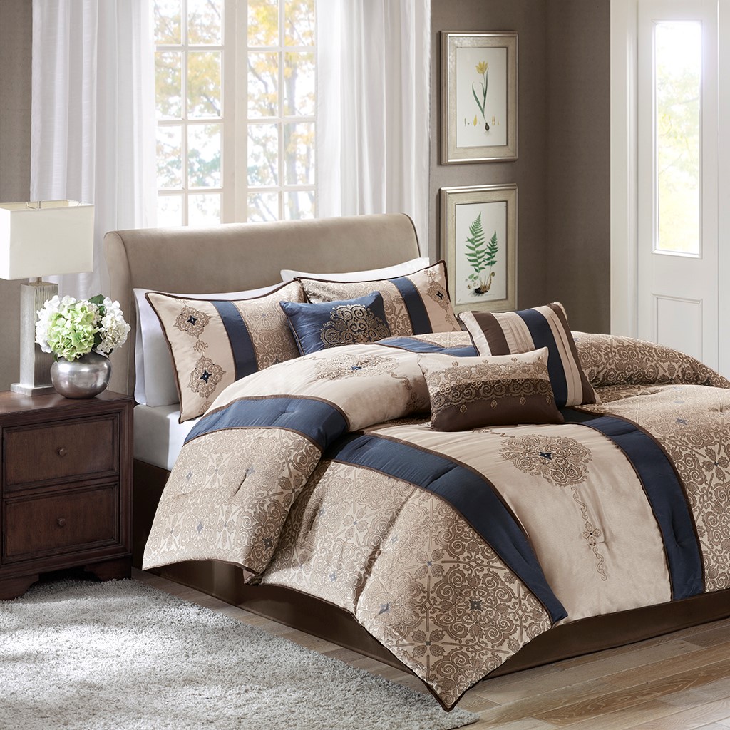 オールナイトパーティー Olliix by Madison Park 7 Piece Navy Queen Donovan Jacquard