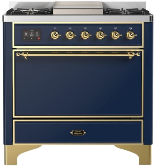 Ilve® Majestic III 36" Midnight Blue Pro Style Dual Fuel Natural Gas Range with Solid Door and Brass Trim-0