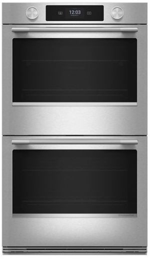 Front view of the KitchenAid® 30" PrintShield™ Stainless Steel Smart Double Electric Wall Oven with Assisted Cook Cycles