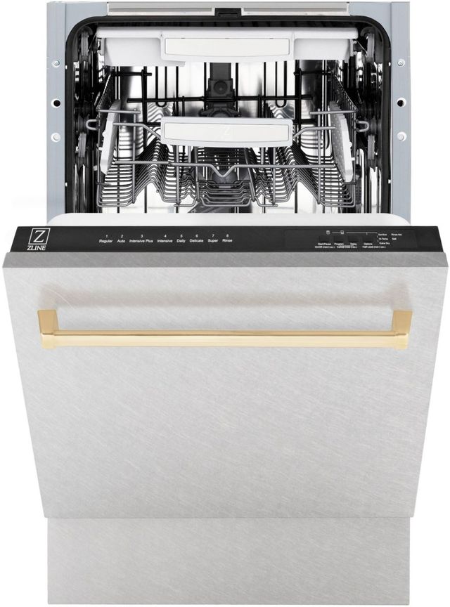 ZLINE Autograph Edition 18" Satin Stainless Steel Built In Dishwasher with Polished Gold Handle-1
