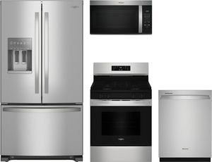 Front view of the Whirlpool® 4 Piece Stainless Steel Kitchen Package
