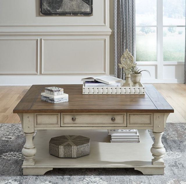 Liberty Furniture Morgan Creek Wirebrushed Tobacco Cocktail Table with Antique White Base-1