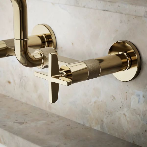 KOHLER® Billet® Vibrant French Gold 2-Hole Wall-Mount Bridge Kitchen Sink Faucet with Cross Handles-3