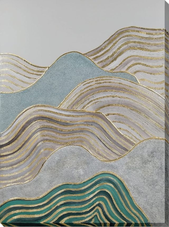 Classy Living Mesmerizing Gold-Kissed Aqua Geometric Waves Wall Art-0