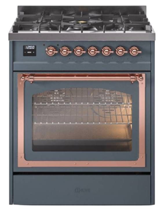 Ilve® Nostalgie II Noblesse 30" Blue Gray Pro Style Dual Fuel Range with Copper Trim-0