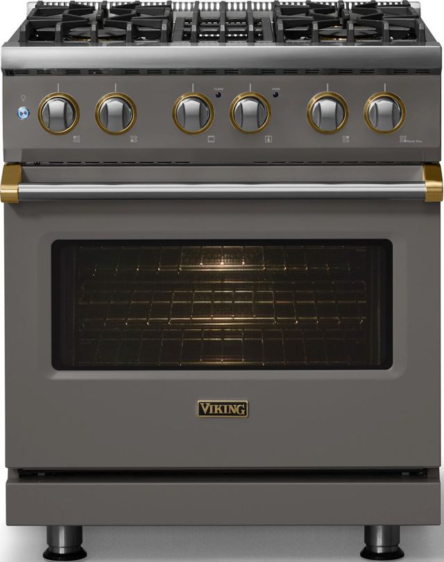 Viking® 5 Series 30" Damascus Gray Pro Style Dual Fuel (LP) Range with Brushed Brass Trim-2