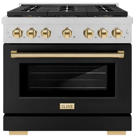 ZLINE Autograph Edition Paramount 36" 5.2 Cu. Ft. Satin Stainless Steel Gas Range with 6 Burner DuoPro™ Cooktop, Convection Gas Oven, Black Matte Door and Polished Gold Accents-0