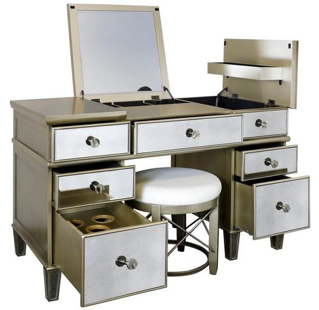 Stylecraft Vanessa Silver Vanity Desk and Vanessa Round Vanity Stool Set -1