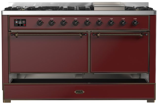 Ilve® Majestic III 60" Burgundy Pro Style Dual Fuel Natural Gas Range with Solid Door and Burnished Trim-1